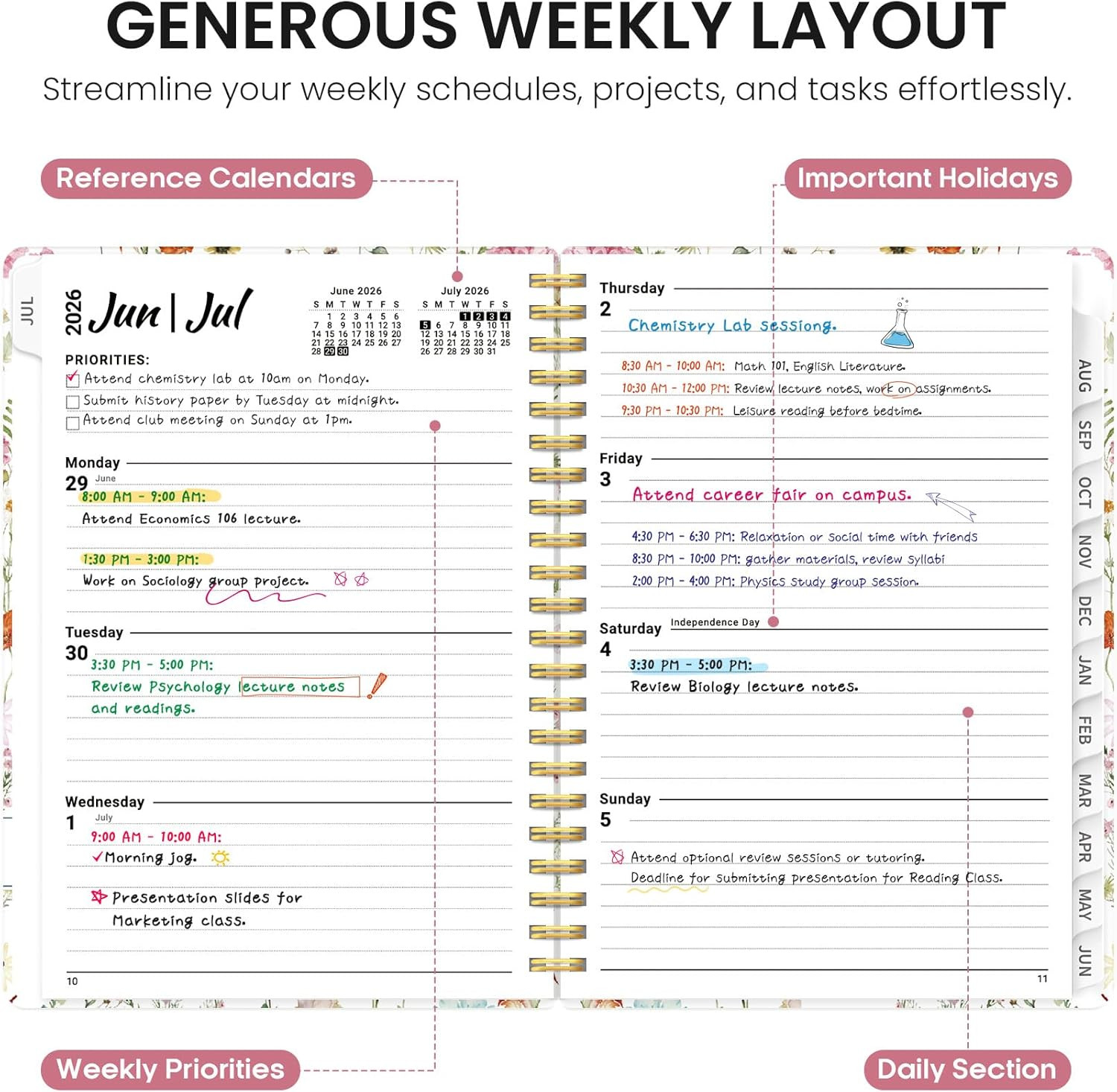 Planner 2026-2027, Academic Year Monthly and Weekly Calendar Planner, Jul 2026 –