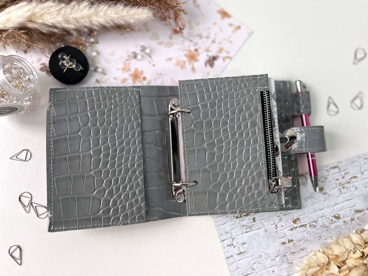 Grey leather notebook cover A7 6 rings mini wallet, dated 2026 planner.
