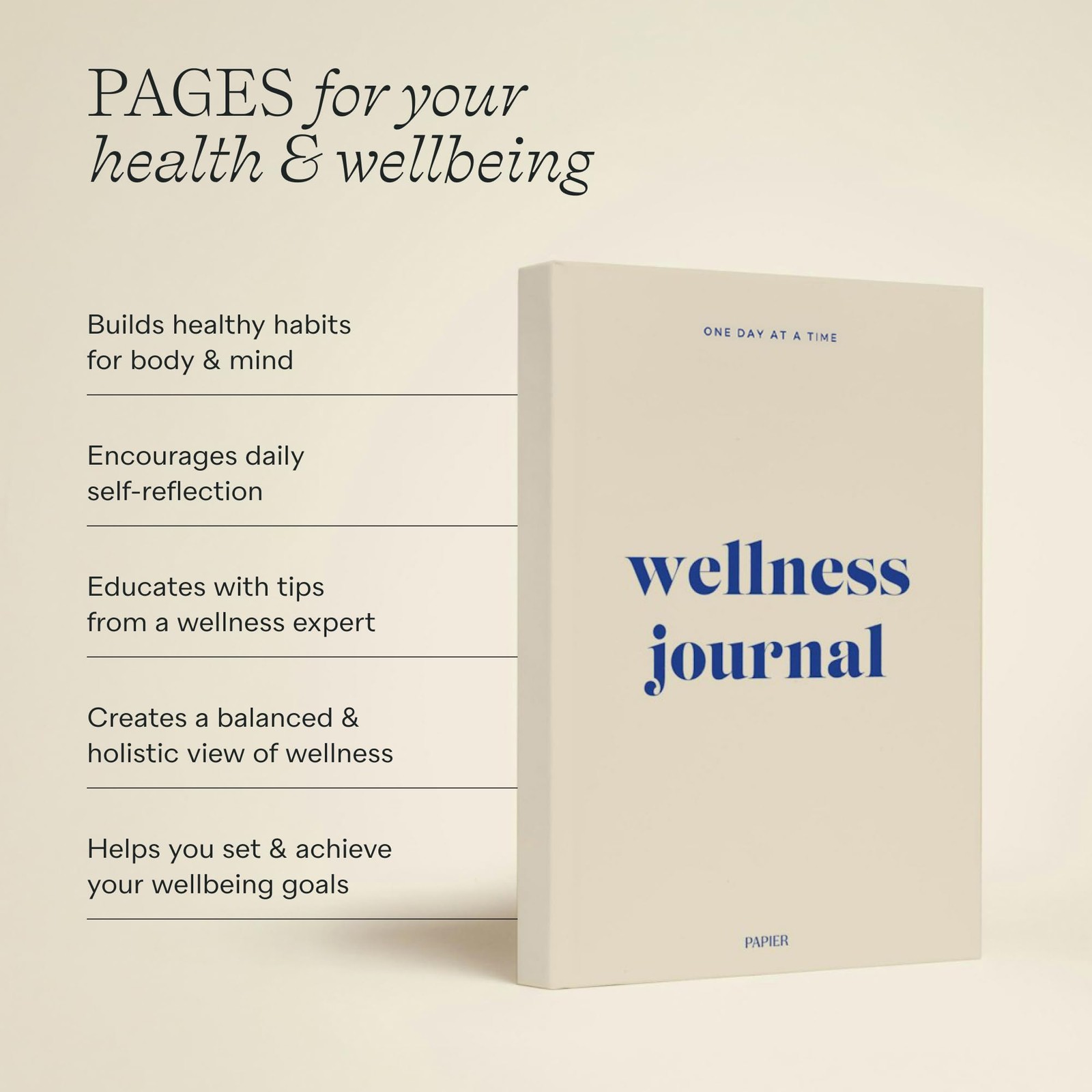 Papier Daily Wellness Journal Diary – Beige, 8.46″L x 6.02″W | Hardback Cover