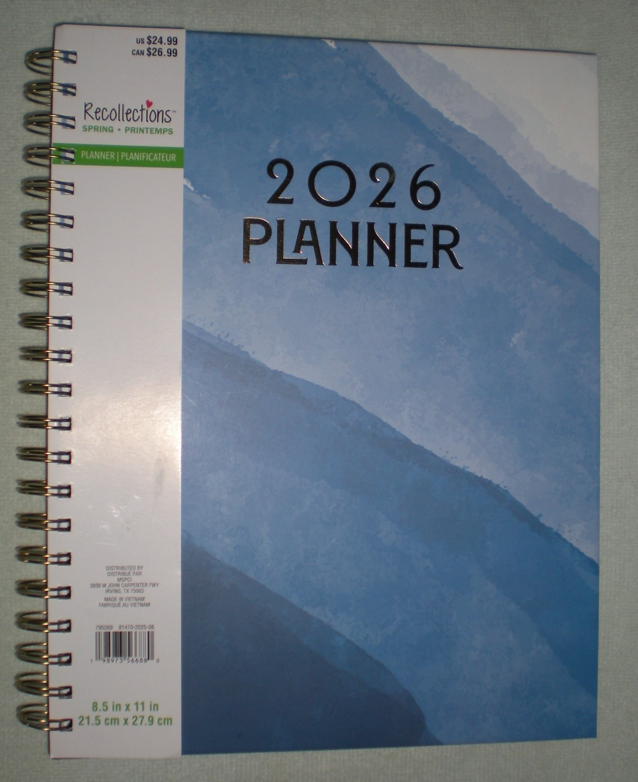 Recollections 2026 Planner Blue Sky Watercolor Wave Gold Spiral Binding 8.5″x11″