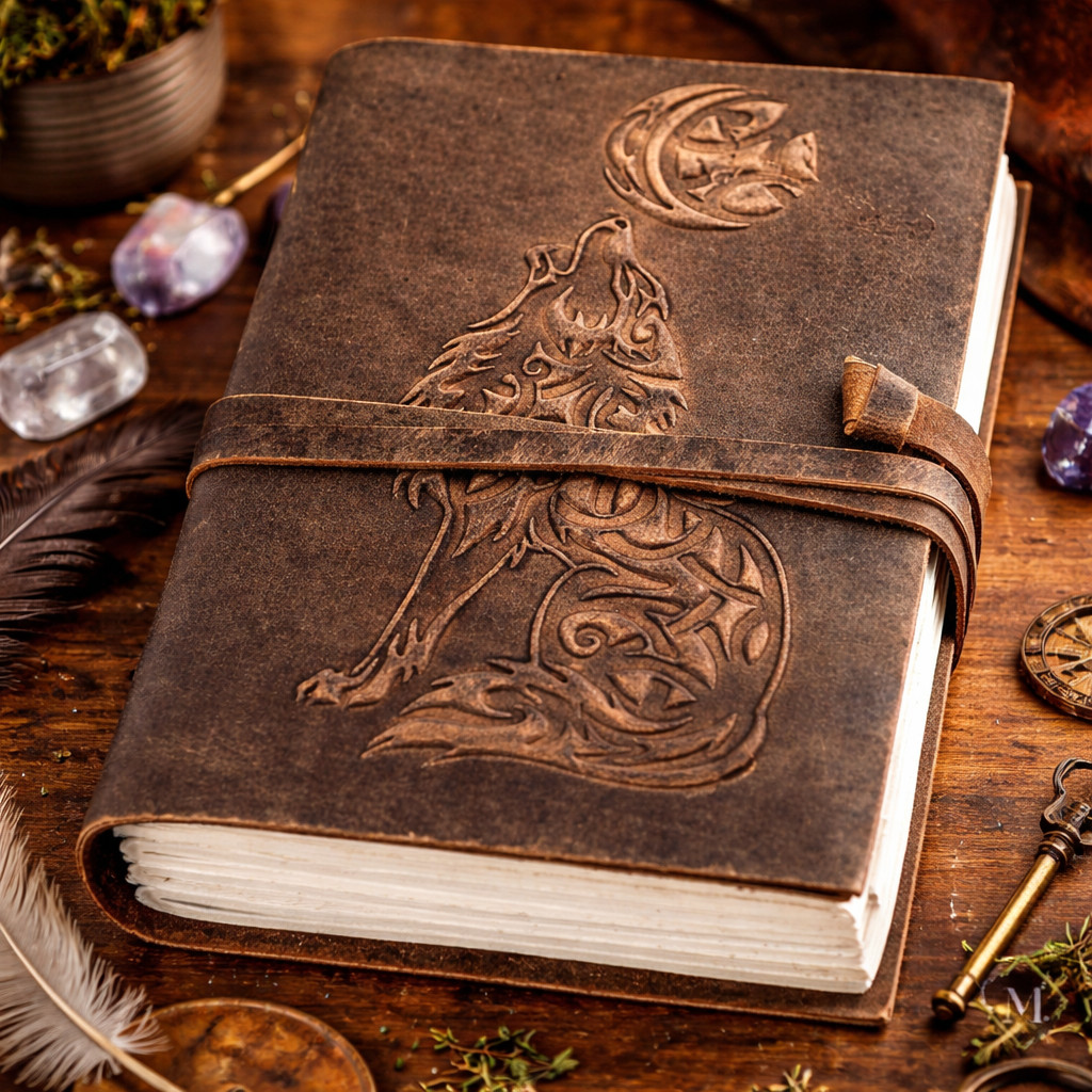 Leather Journal Handmade 7×5″ Wolf Embossed Diary | 200 Unlined Blank Pages