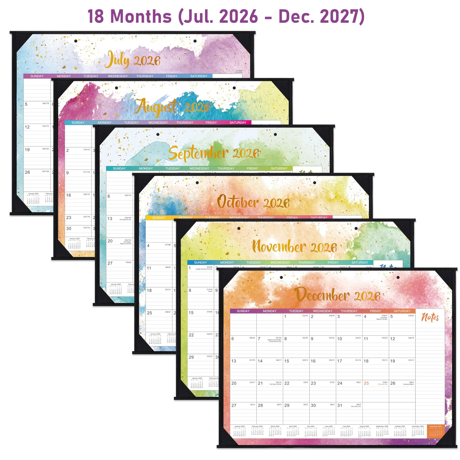Desk Calendar 2026-2027 – 22″ x 17″, Multicolor Waterink