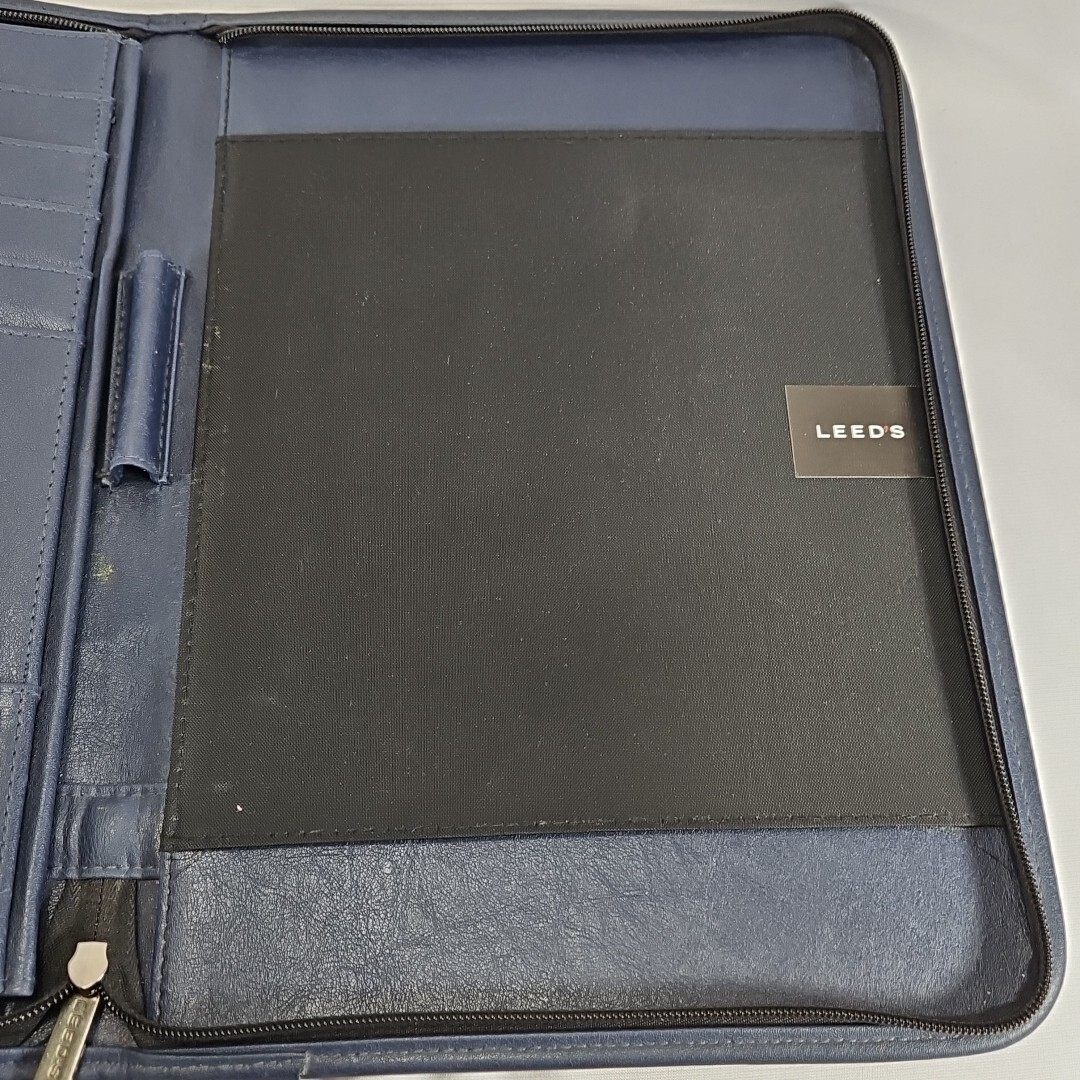 LEED’S Navy Blue Leather Organizer Folio Case Notepad Planner Folder Zips