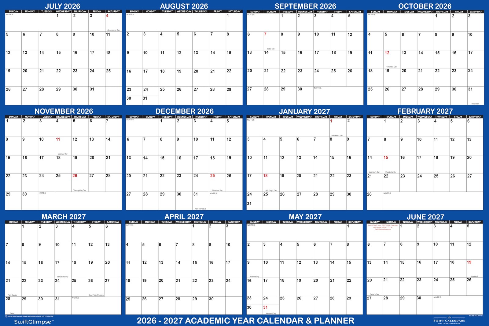 Swiftmaps 32X48 Swiftglimpse 2026-2027 Academic Wall Calendar Erasable Xlarge