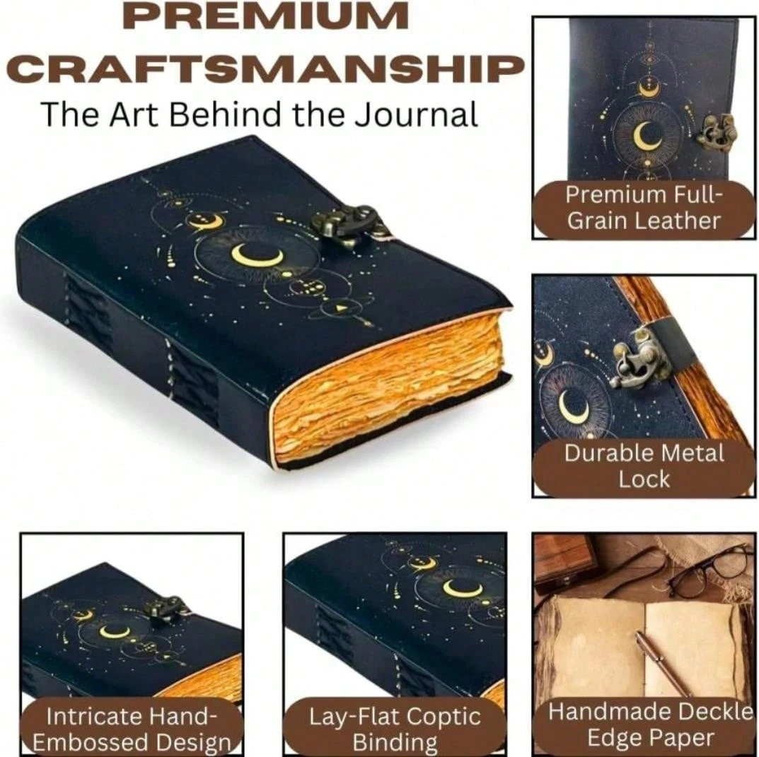 Galaxy Dreams Leather Journal, Vintage Locked Notebook with Moon Star Embossing