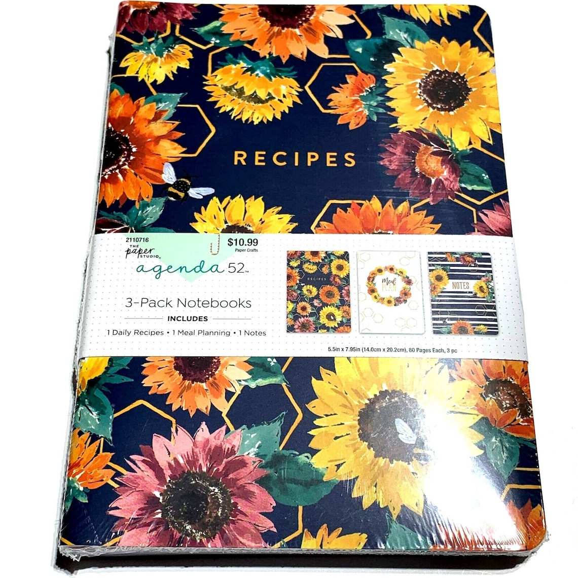 Recipe Journal, Notebook Meal Planner, Agenda 52, Paper Studio, 3 Pack Sunflower
