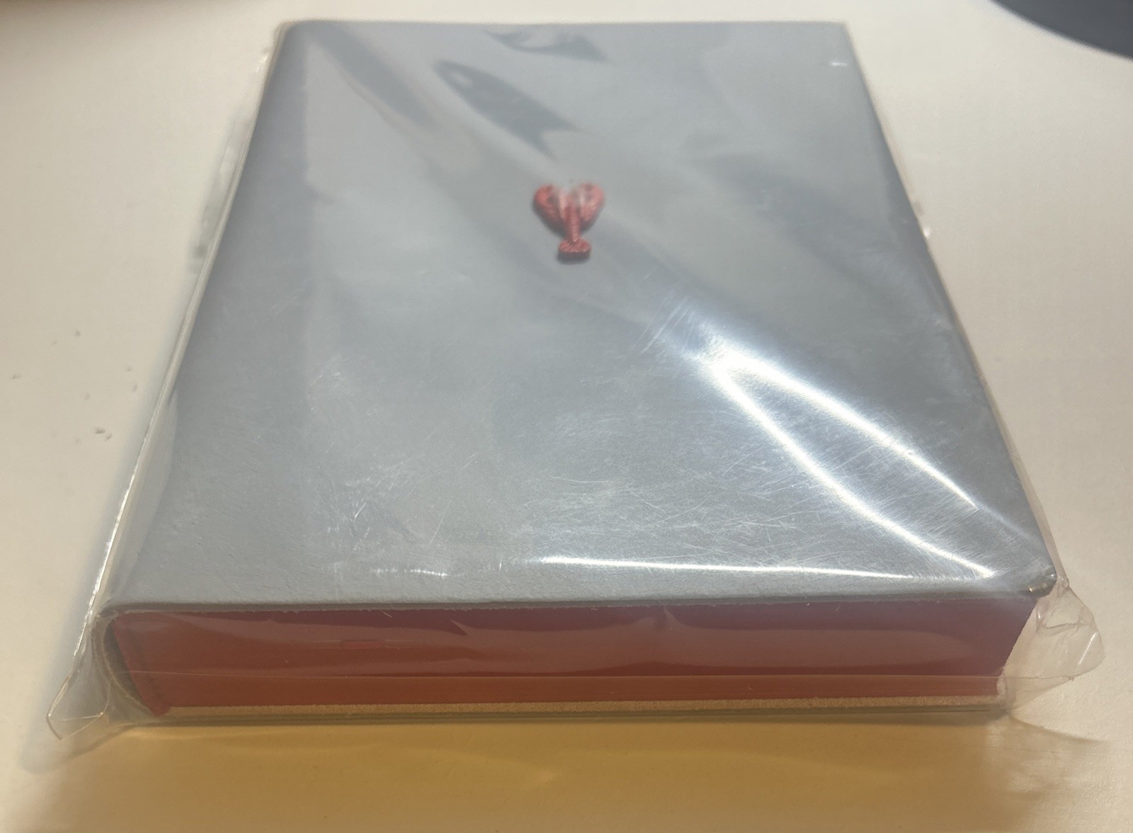Blue Leather Square Journal, Embroidered Metal Red Lobster, Handmade In Italy