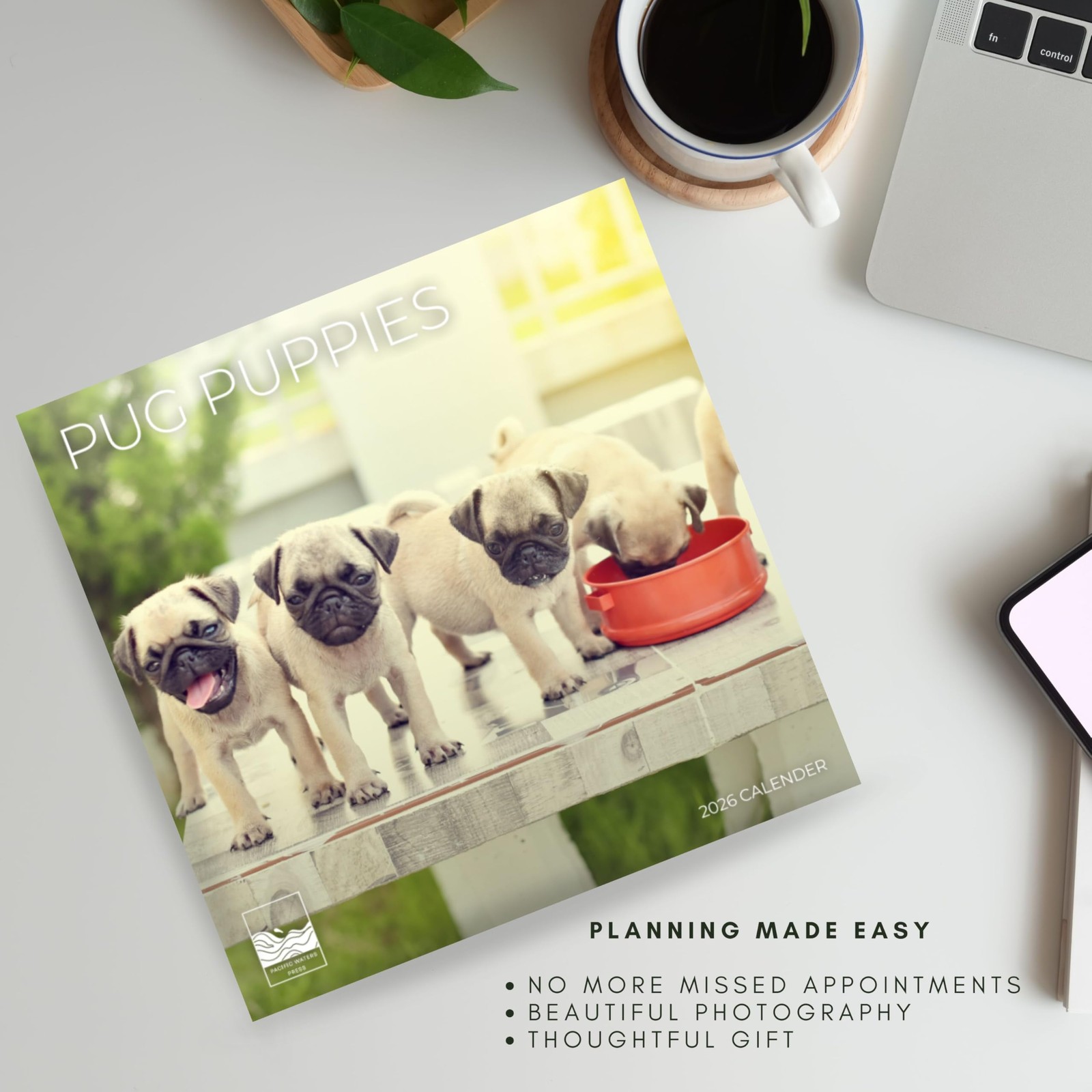 Pug Puppy Wall Calendar 2026| 12″ x 24″ Open | Dog Puppies