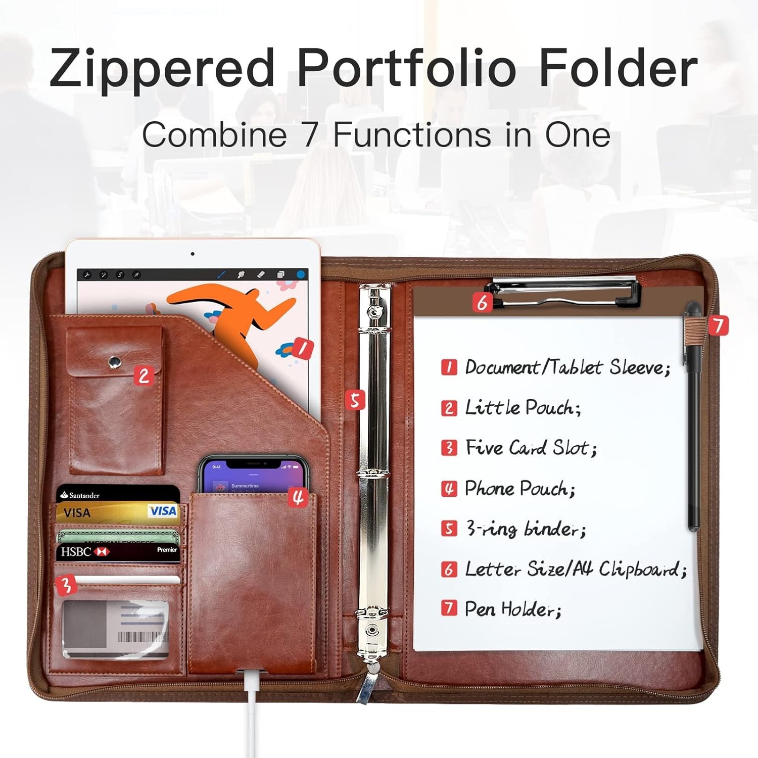 Zippered Portfolio Organizer, Leather Padfolio with 3 Ring Binder, Profession…