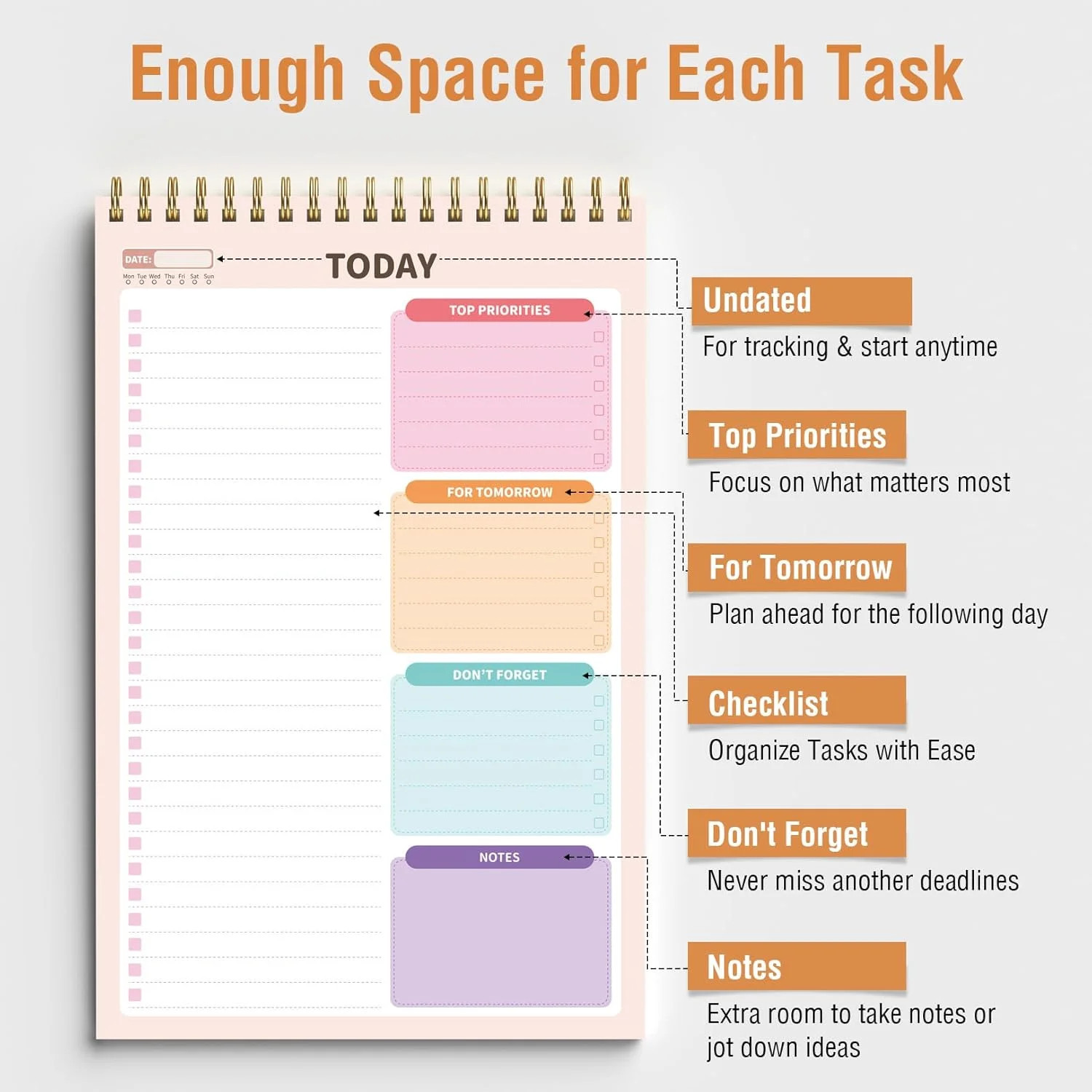 (6.5 x9.8), To Do List Notebook for Work, Undated Daily Planner Organizer for Ta