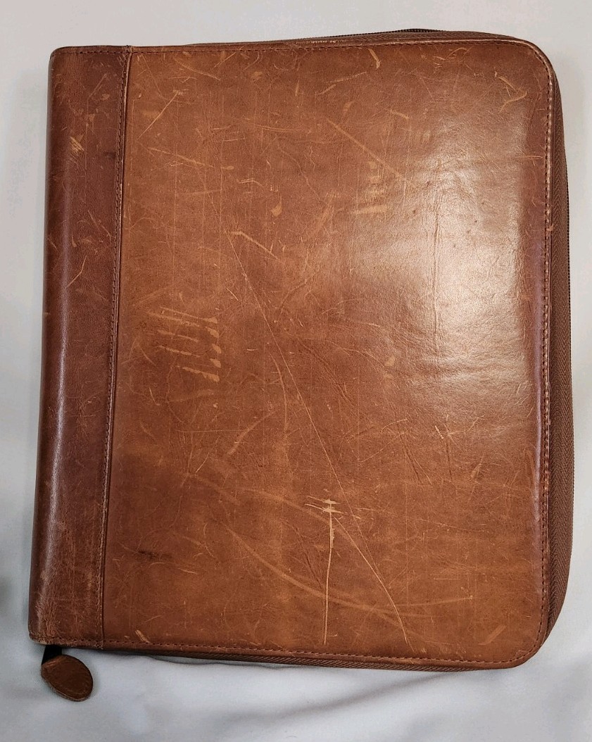 Day Timer Planner Brown Camel Tan Genuine Leather Organizer Binder Zip 3 Rings