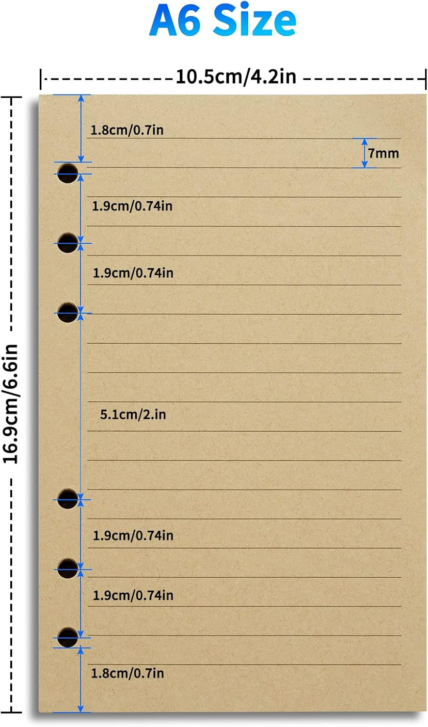 A6 Lined Vintage Refillable Paper, Retro A6 Binder Refills Paper for 6-Ring Bind