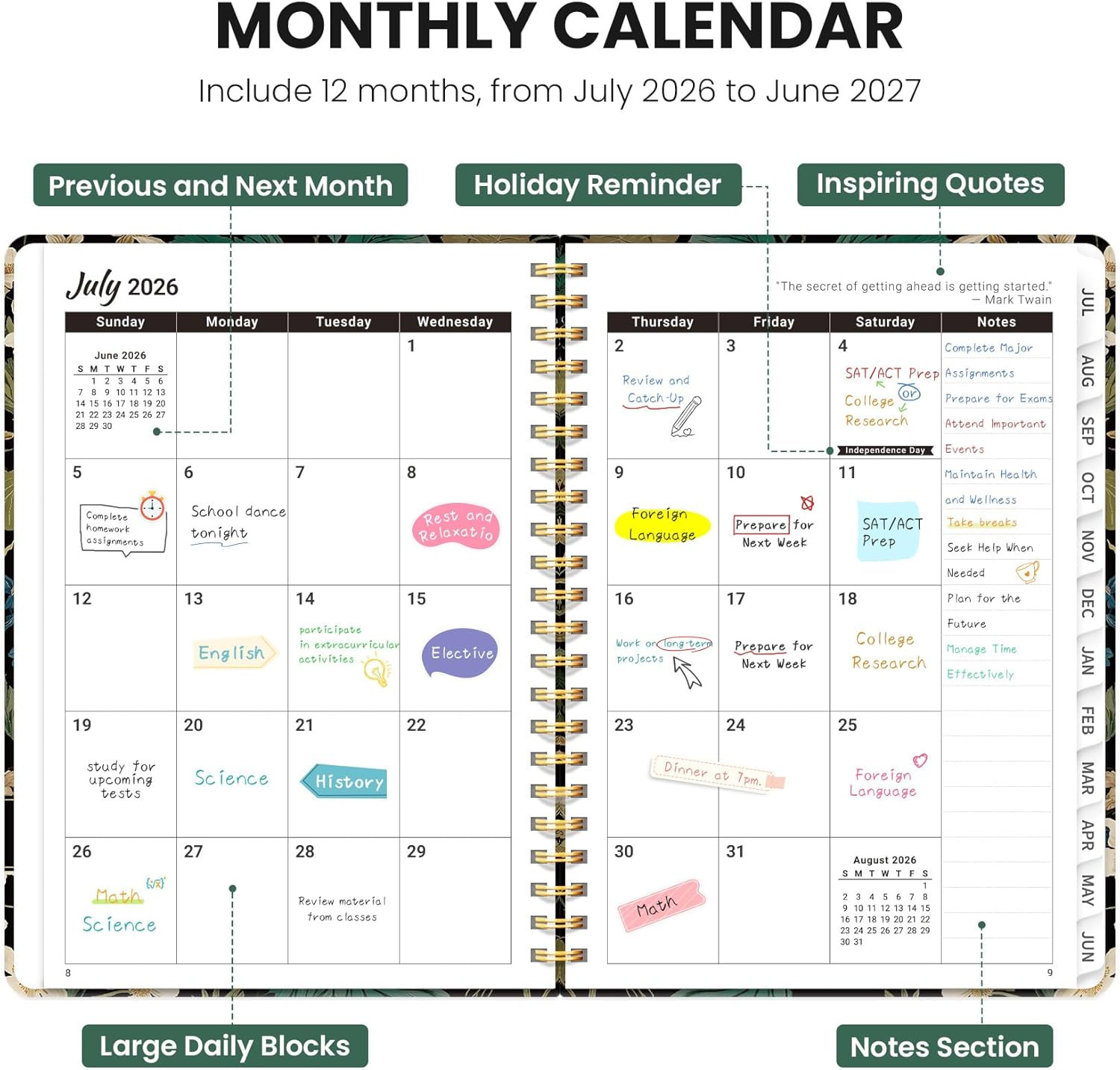 Planner 2026-2027, Hardcover Monthly and Weekly Academic Planner July 2026 – Jun