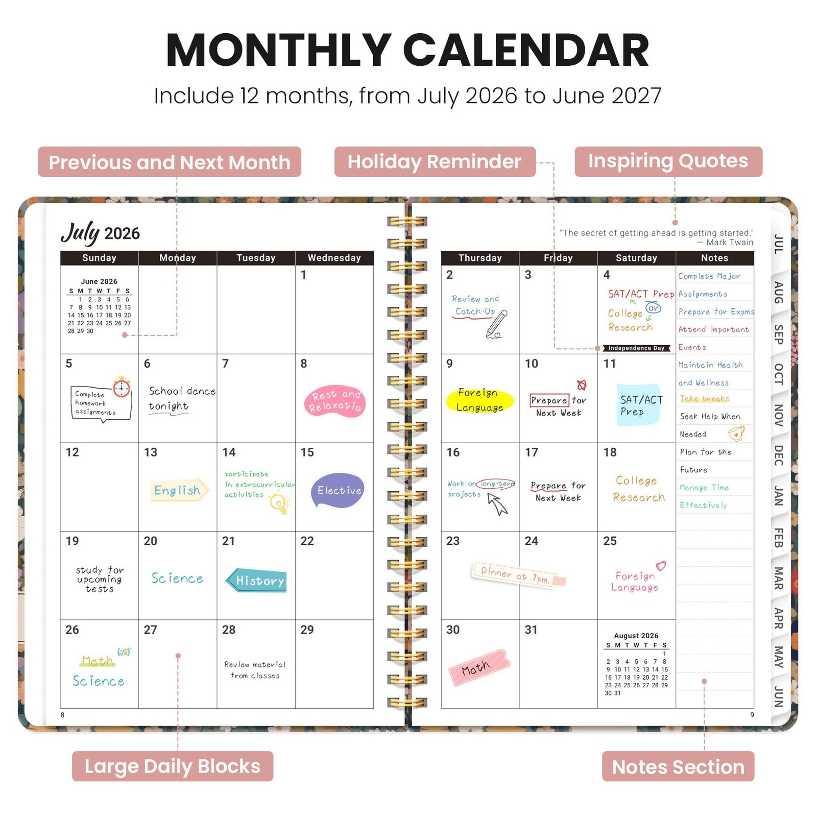 Planner 2026-2027, Monthly and Weekly 6.3″x8.5″ (A5), A-Garden Petals