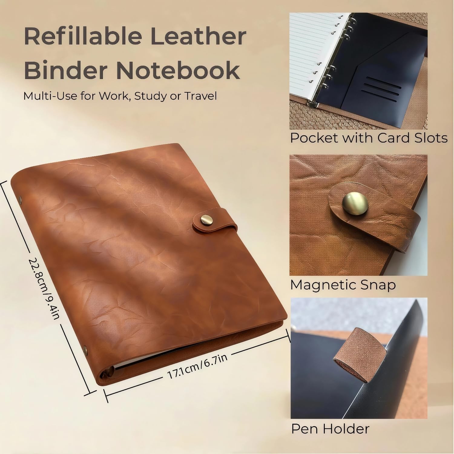 Refillable A5 Leather Binder Journal Soft Cover Notebook, Vintage Brown
