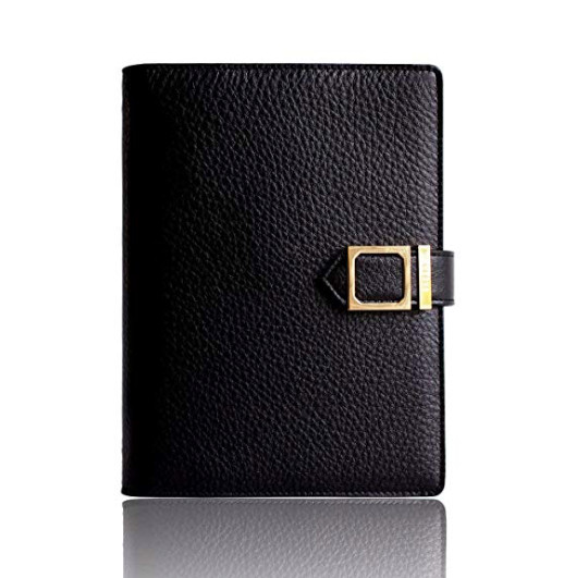 New luxurious Black Leather planner agenda, perpetual calendar, gold color hardw