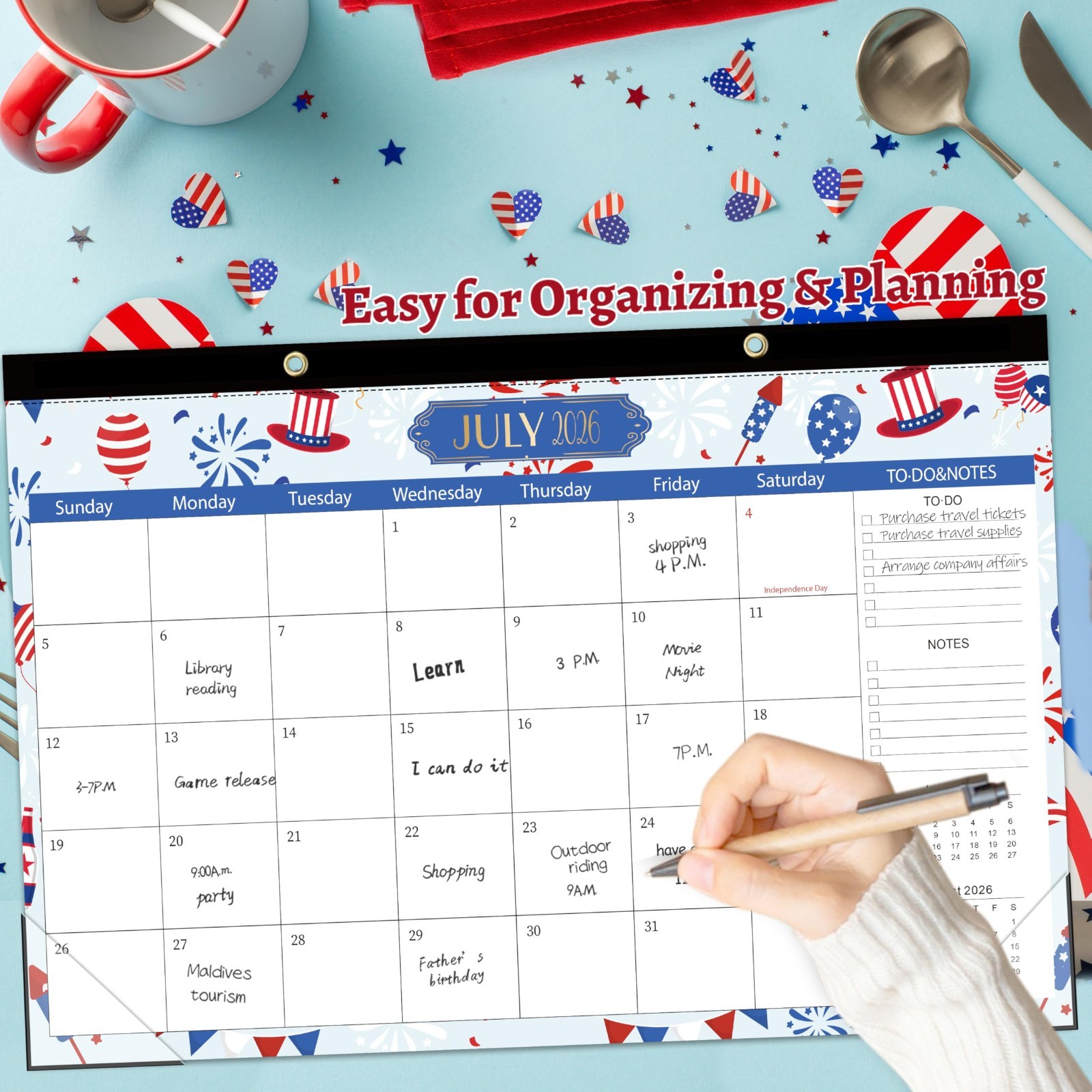 Desk Calendar 2026 2027, 18 Month Planner With Notes, Teacher Student, Blue