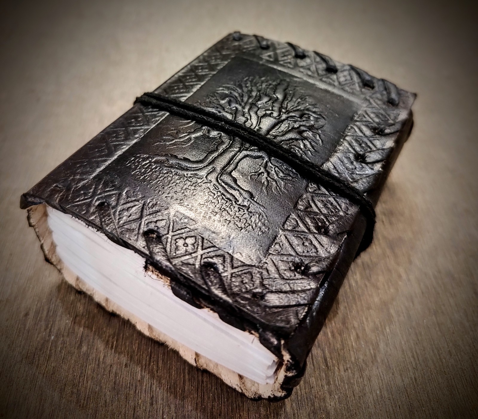 Handmade Black Tree of Life Leather Pocket Journal – 3×4 Inch Refillable Notepad