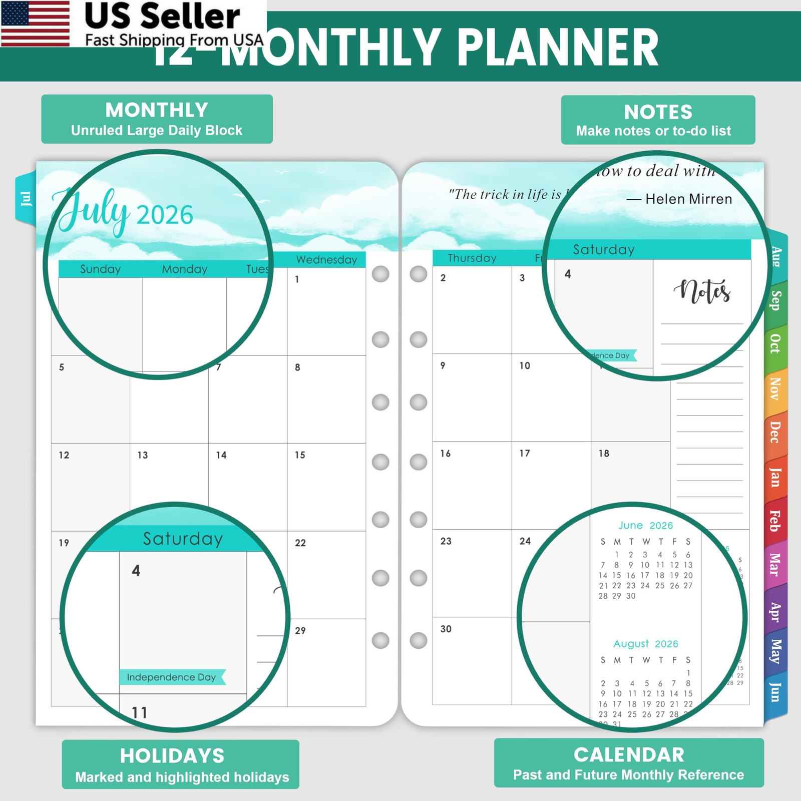 2026-2027 Planner Refills – 7-Hole Punched 5.5″ x 8.5″, Dopamine Color