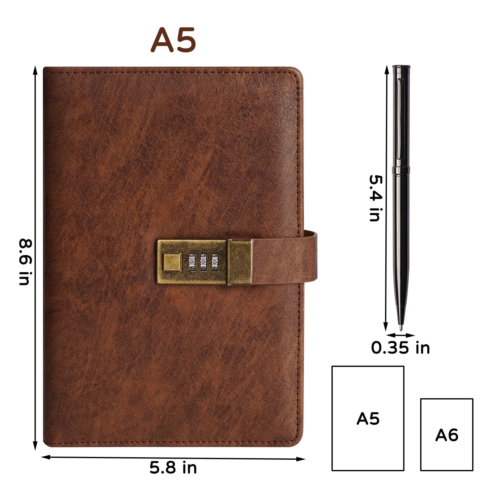 WEMATE Diary with Lock, A5 PU Leather Journal A5（5.8 x 8.6inch）, Brown
