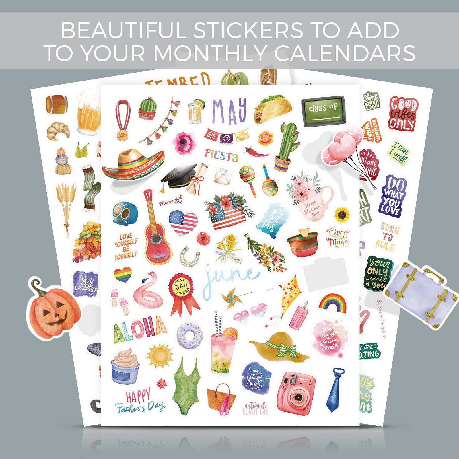 8 Sheets Aesthetic Monthly Planner Stickers 6 x 8 Inch Colorful Set