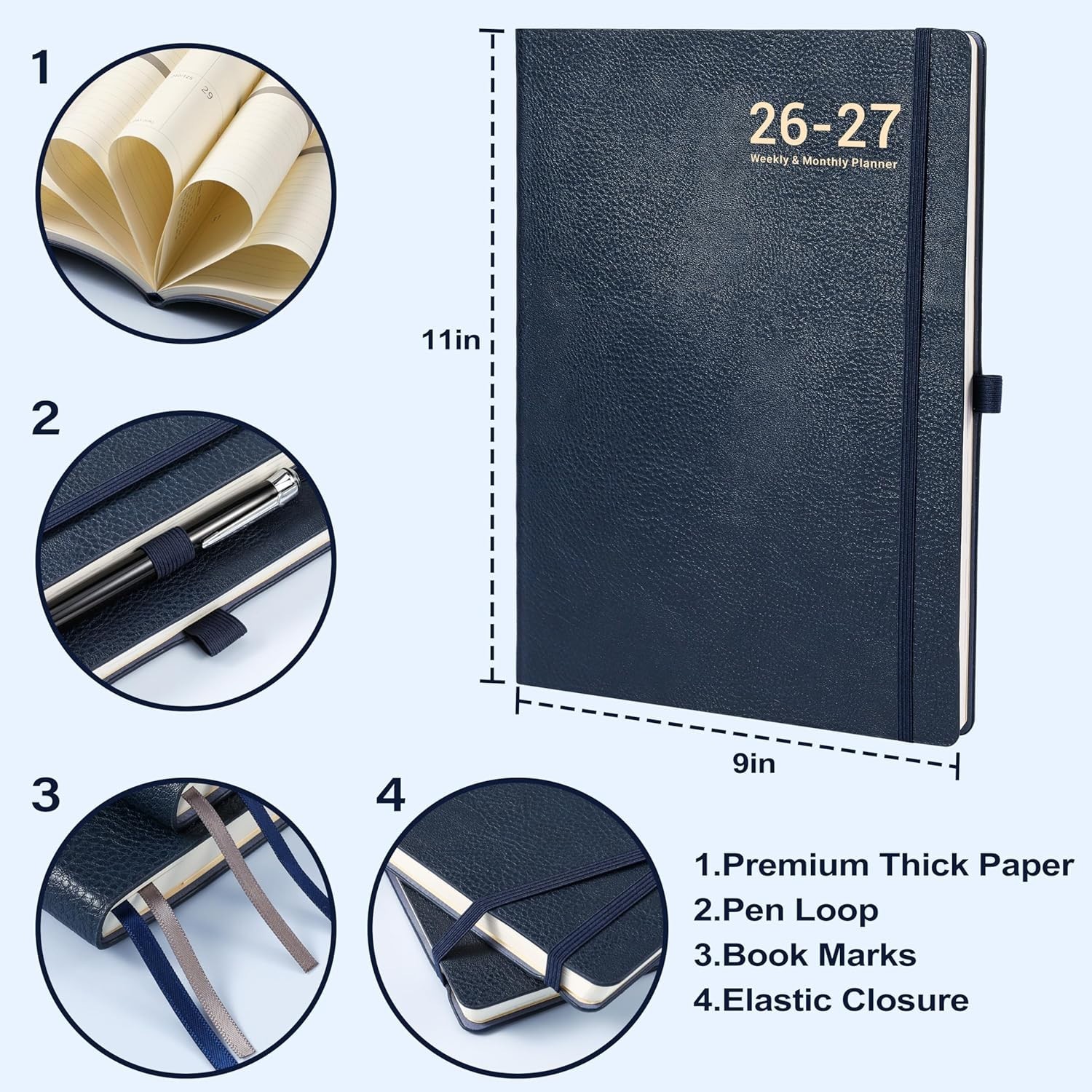 2026 2027 Monthly Weekly Planner Blue Flexible Cover Notebook with Notes Pages
