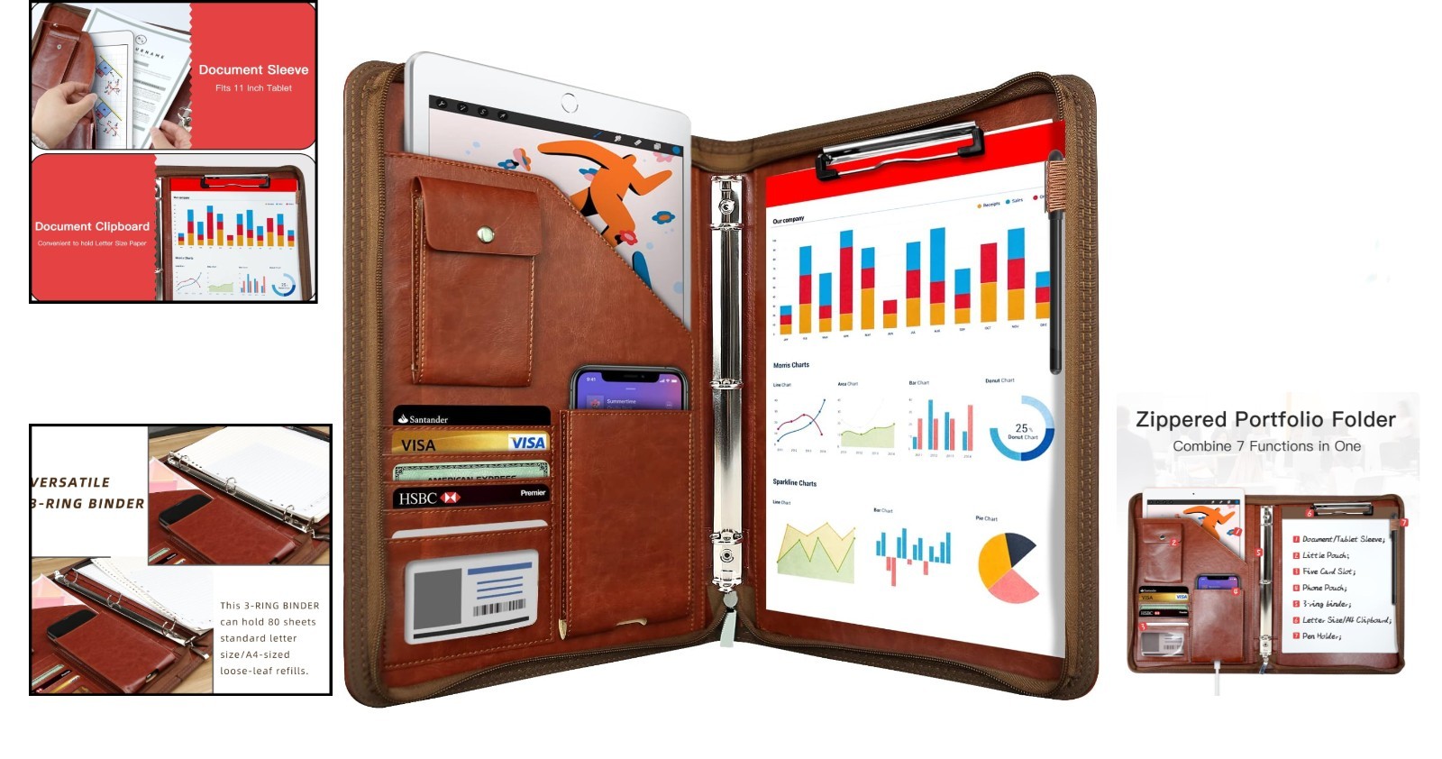 Zippered Portfolio Organizer, Leather Padfolio with 3 Ring Binder, Professional