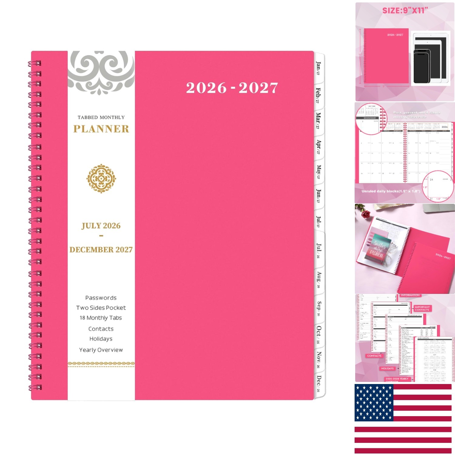 Luxurious 18- 2026-2027 Planner, 9″ x 11″, Twin-Wire Binding & Pockets