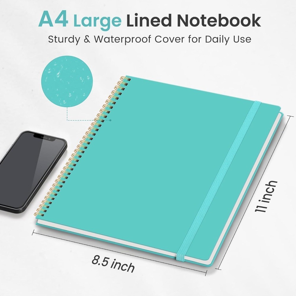 Spiral Bound Lined Notebook A4 Size College Ruled Journal with Plastic Cover for