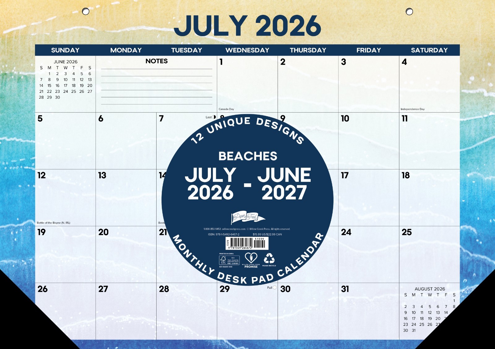 Beaches Academic Year July 2026-June 2027 17″x12″ Small Monthly Deskpad Calendar