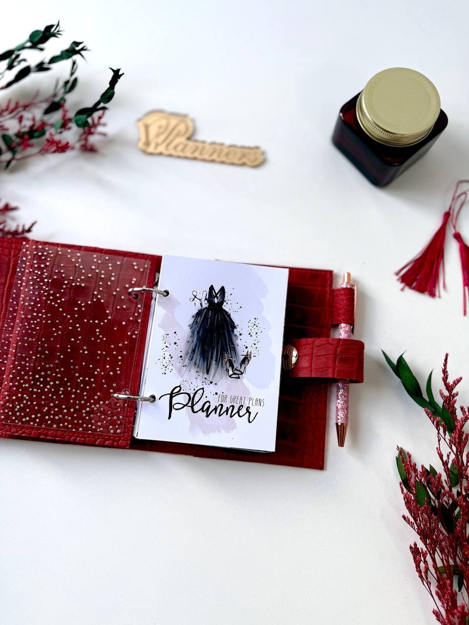 Mini red leather notebook-wallet cover A7 Big rings mini wallet. Mini Planner.
