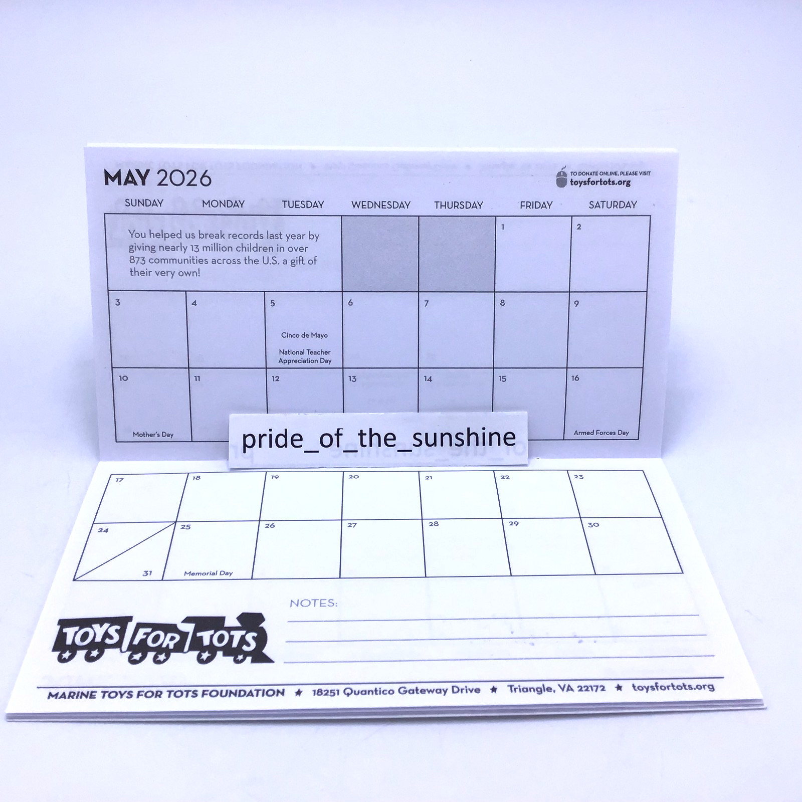 2026 Pocket Calendar Marine Toys For Tots Foundation 12 Month Planner 6.5″x 3.5″