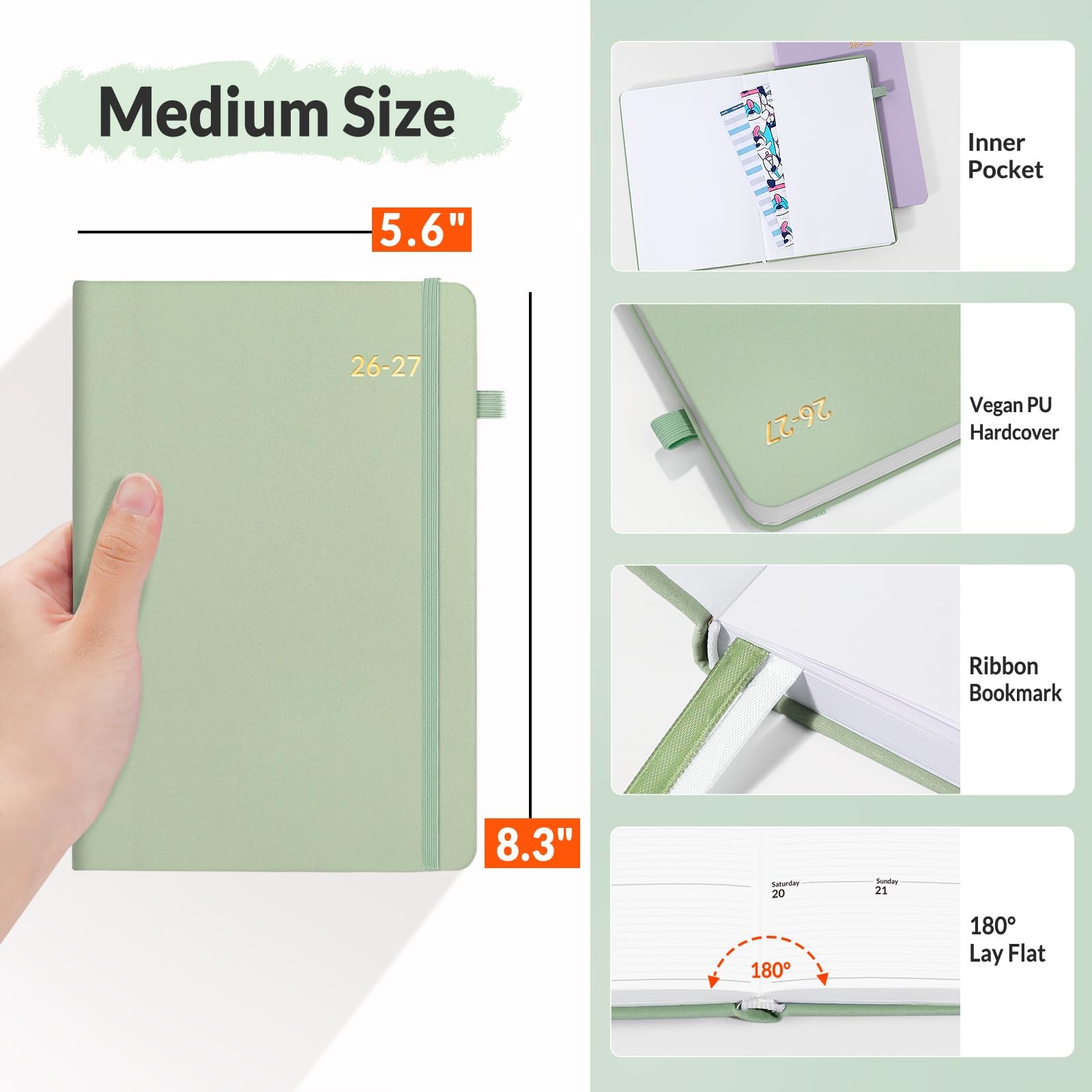 SUNEE 2026-2027 Weekly & Monthly Hardcover Planner 5.5″ 5.5″x8.3″, Grey Green