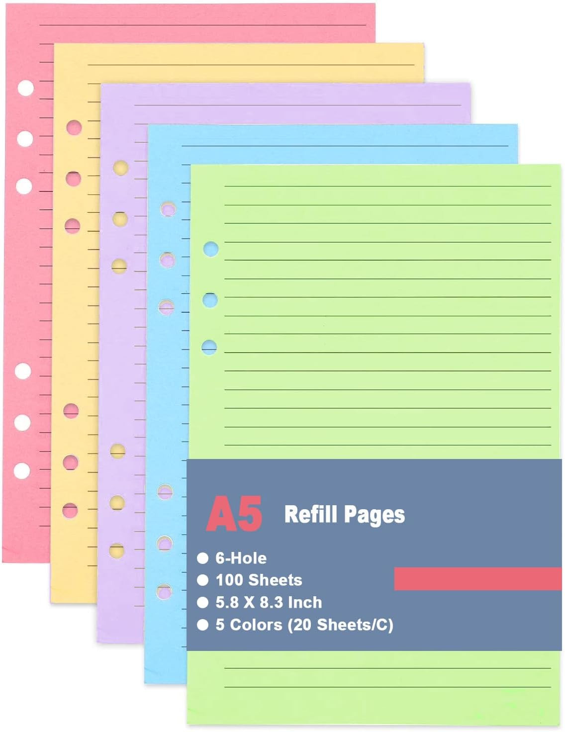 A5 Filler Paper, 6 Hole Colorful Refills, Lined Paper for 6 Ring Binder, 100 She