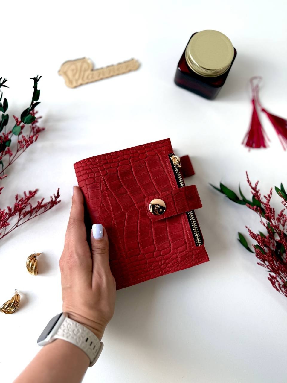 Mini red leather notebook-wallet cover A7 Big rings mini wallet. Mini Planner.