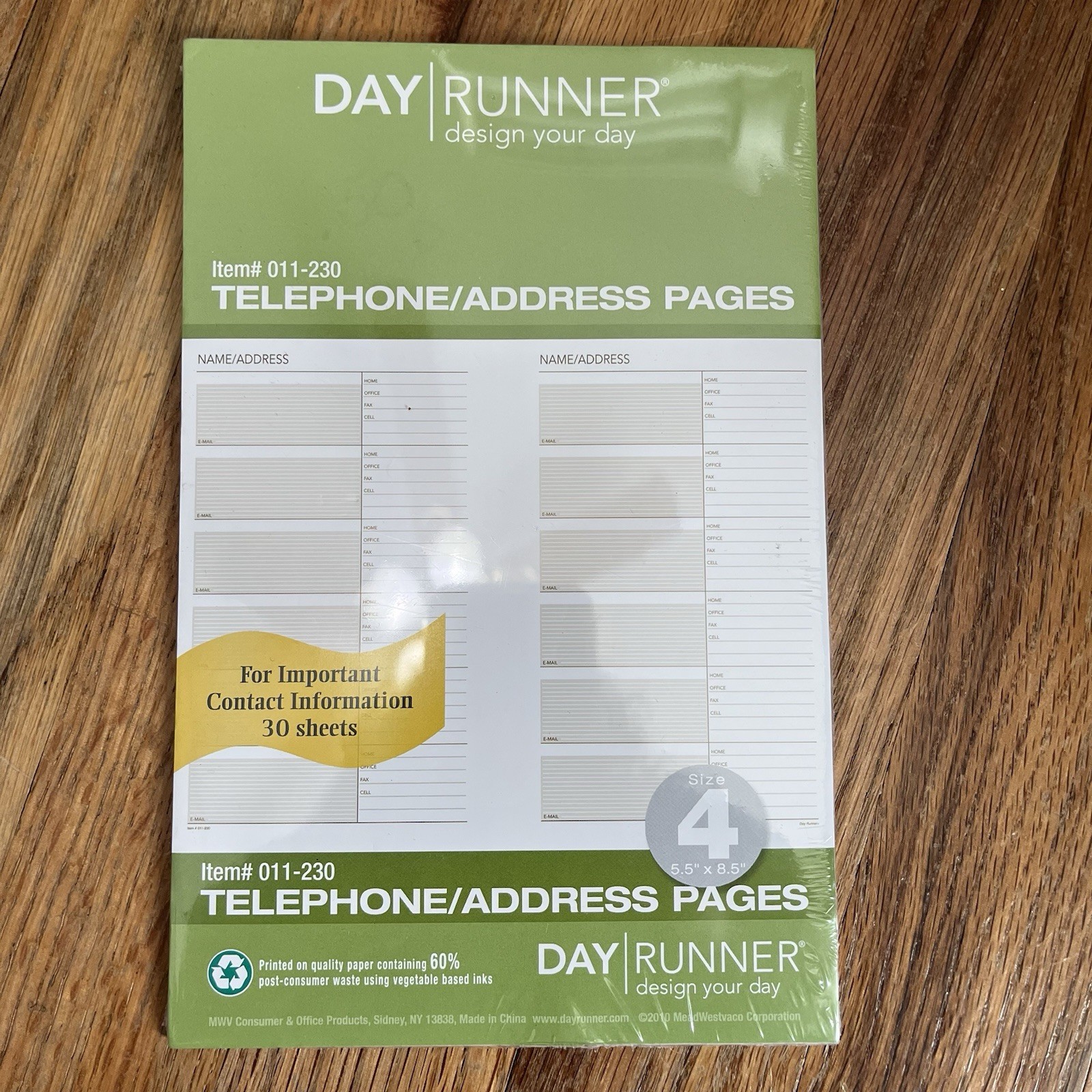 Day Runner Telephone / Address Pages Size 4 5.5″ x 8.5″ #011-230 NEW SEALED