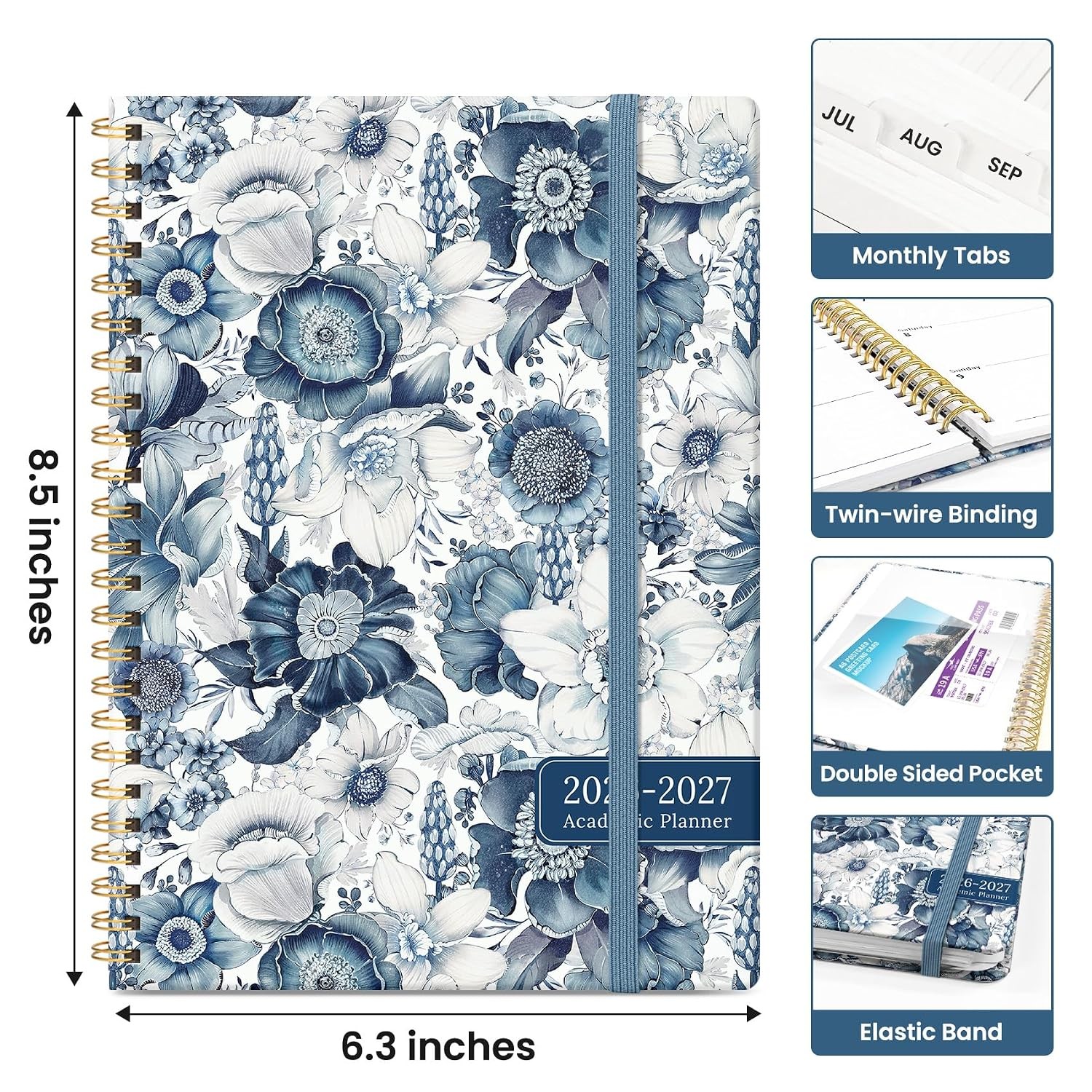 2027 Academic Monthly Weekly Calendar Planner A-Blue Floral A5 Size 6.3″x8.5