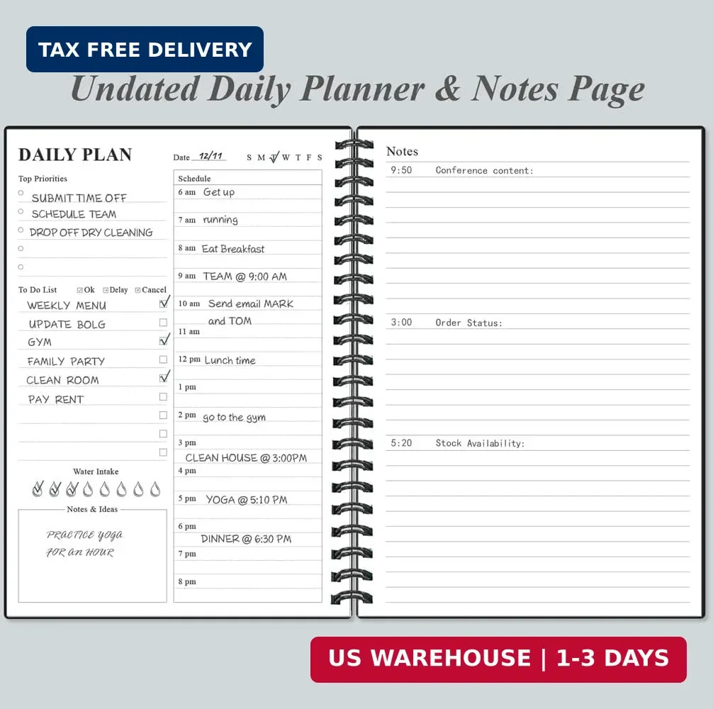 Daily Planner Undated – A5 To Do List Notebook Hourly Schedules, Spiral Appointm