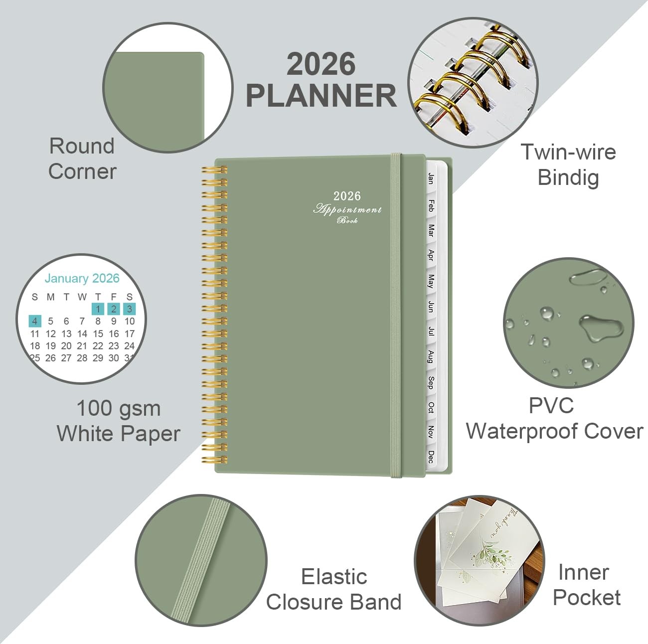 2026 Appointment Book & Planner – 2026 Daily Hourly 6.4″ x 8.5″, Green-D