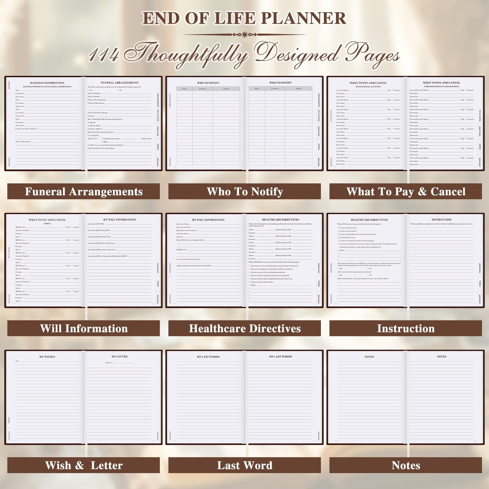 Lanpn End of Life Planner Death Organizer with Tabs, 7.7×9.3 inch, Brown