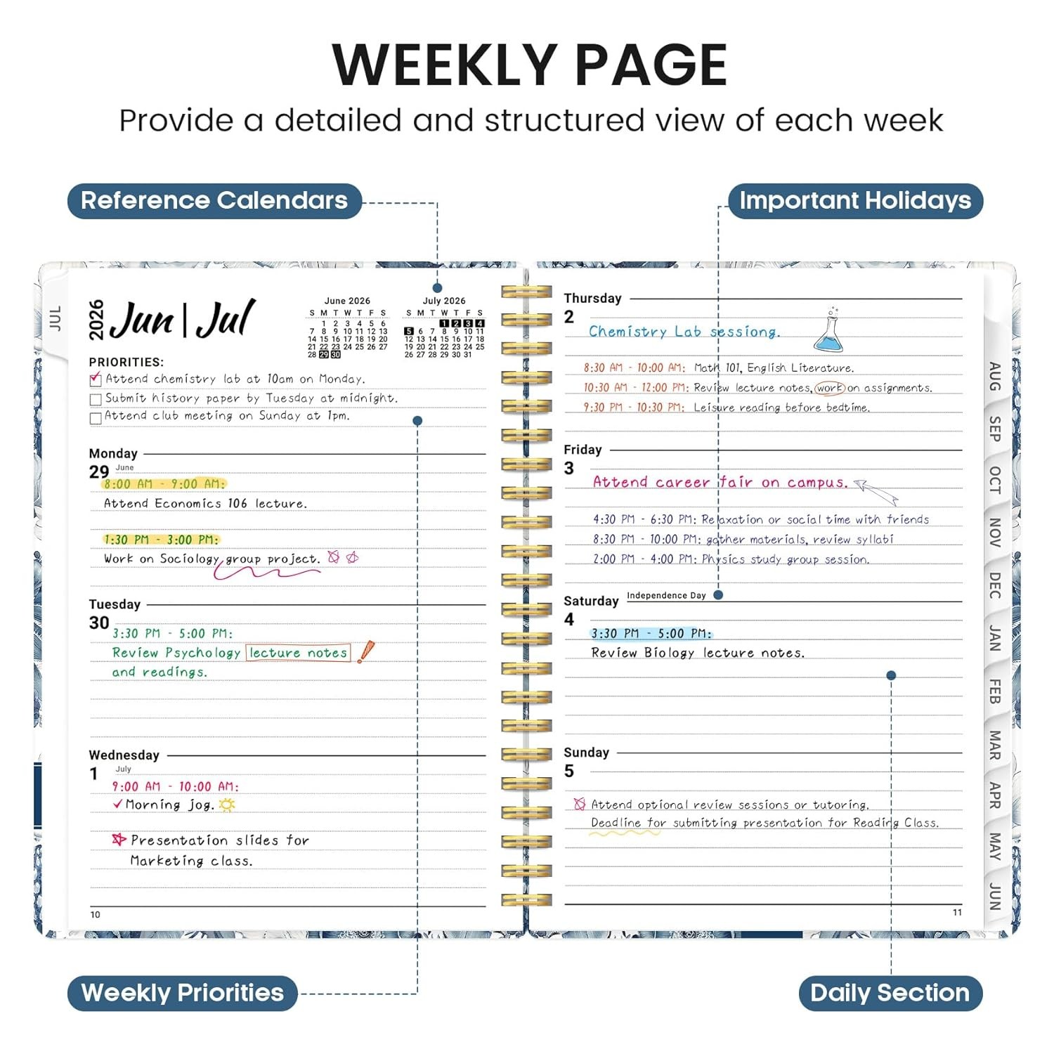 2027 Academic Monthly Weekly Calendar Planner A-Blue Floral A5 Size 6.3″x8.5