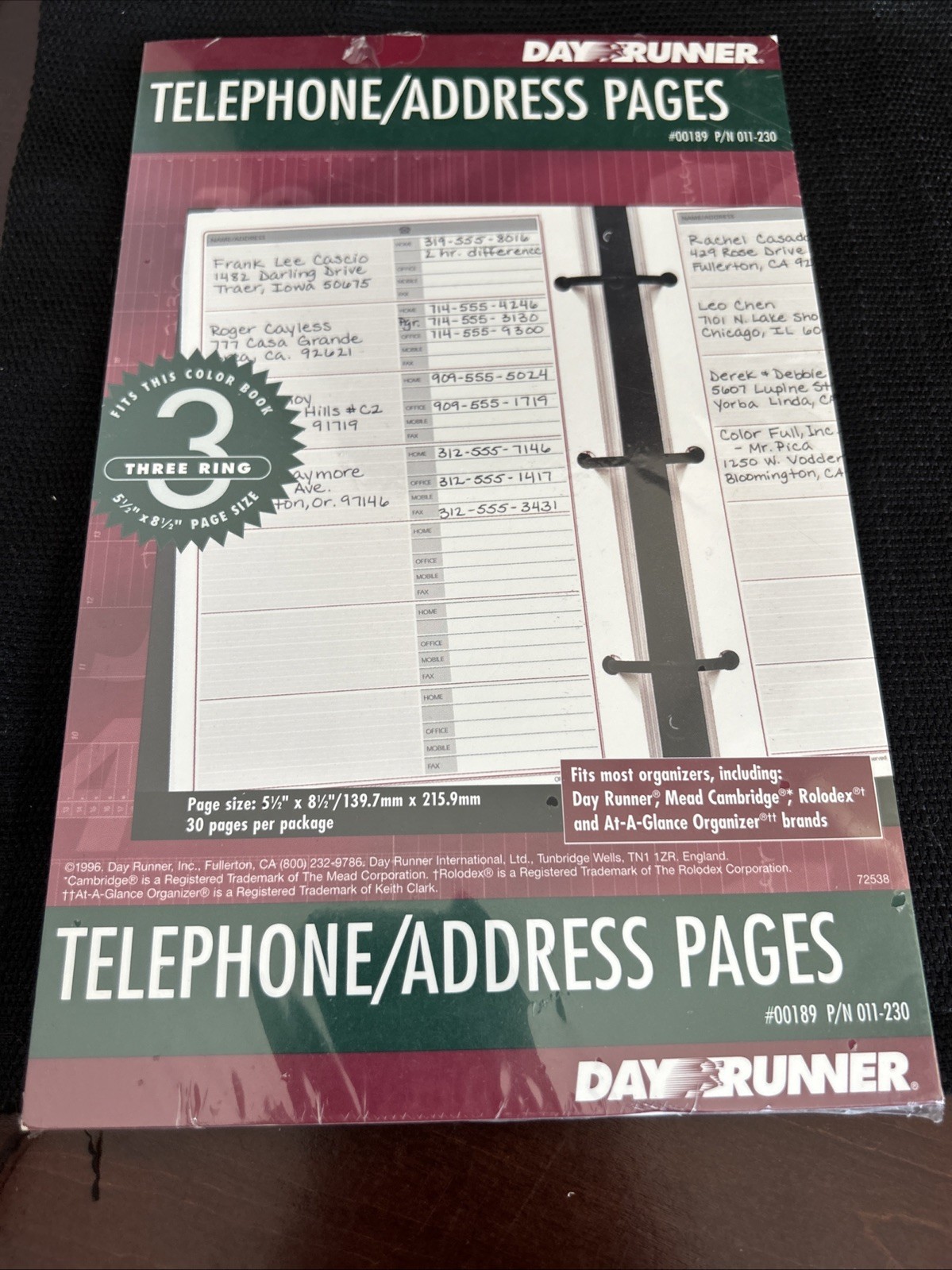 Day Runner Telephone Address Planner Refill Pages 30 Pages 3 Ring 5.5 x 8.5 1996