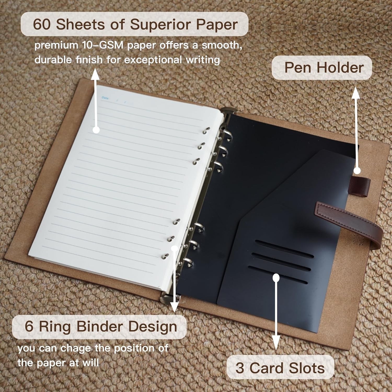 Refillable A5 Leather Binder Notebook, Reusable Leather Journal, Vintage Organiz