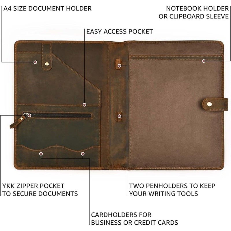 Handmade Full Grain Leather Padfolio Organizer W/ Card Slots & Pen Loops New