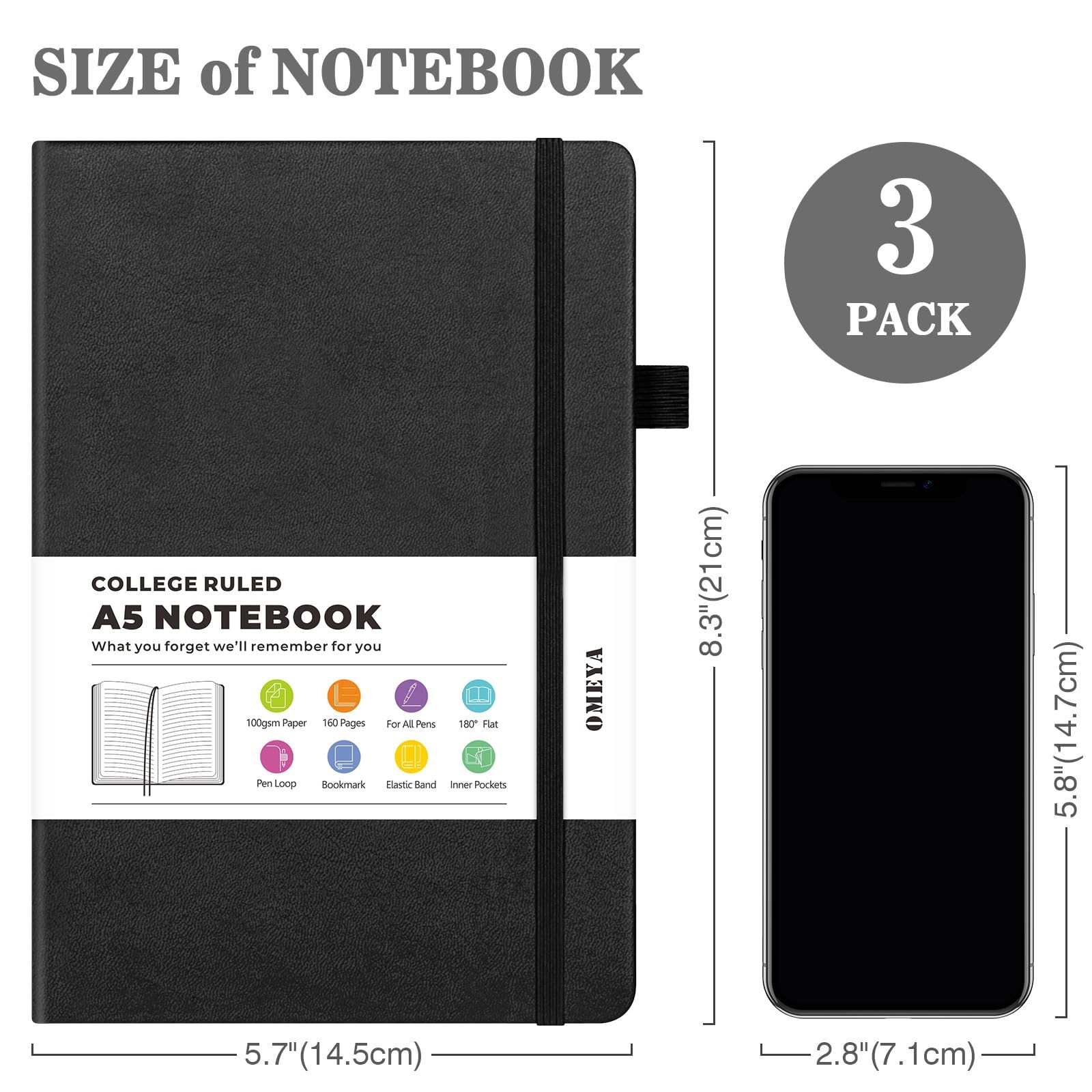 OMEYA Lined Journal Notebook, 3 Pack A5 College Ruled Notebooks for A5, Black