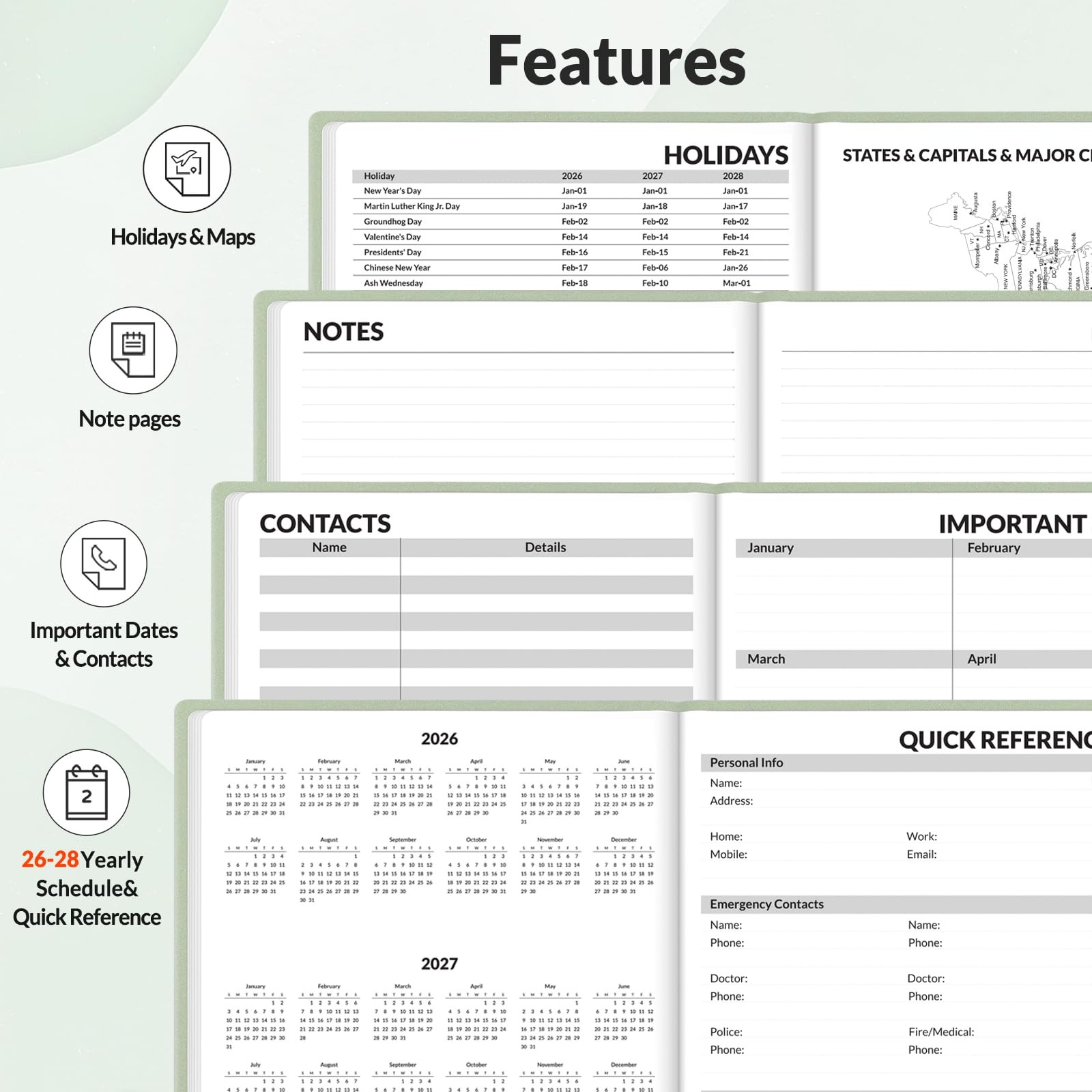 SUNEE 2026-2027 Weekly & Monthly Hardcover Planner 5.5″ 5.5″x8.3″, Grey Green