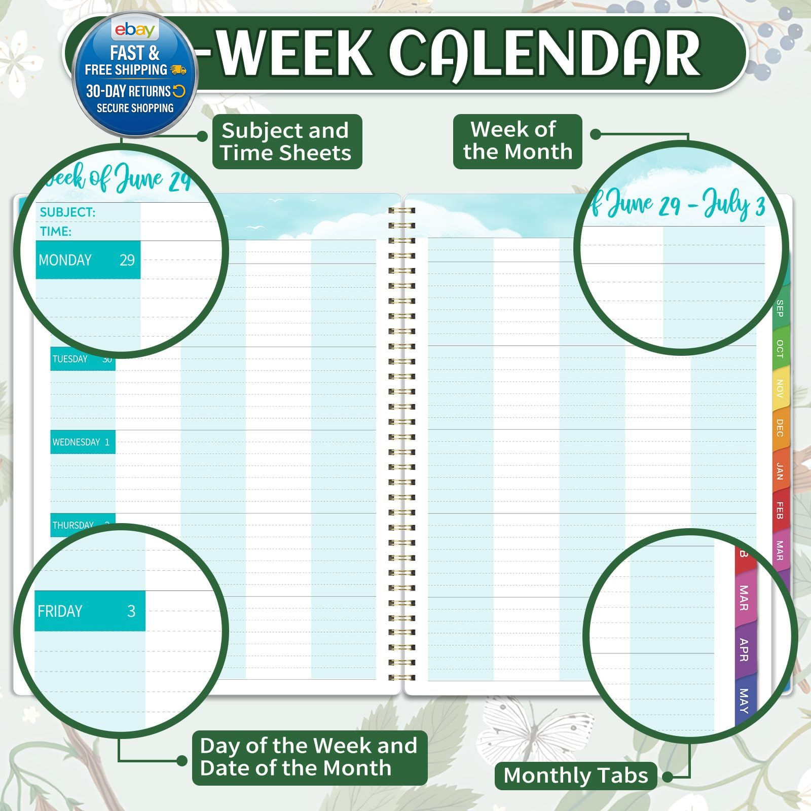 Teacher Planner 2026-2027 – Lesson 9″x11″, Green & Floral