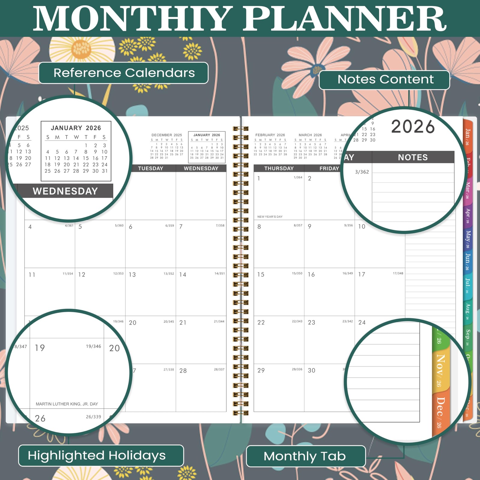 2026 Monthly Planner – January 2026 – December 2026, 9″ x 11″, Multicolor