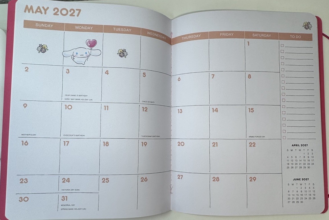 2027 Sanrio HELLO KITTY 17 Months Monthly Planner Pink Floral Size MEDIUM