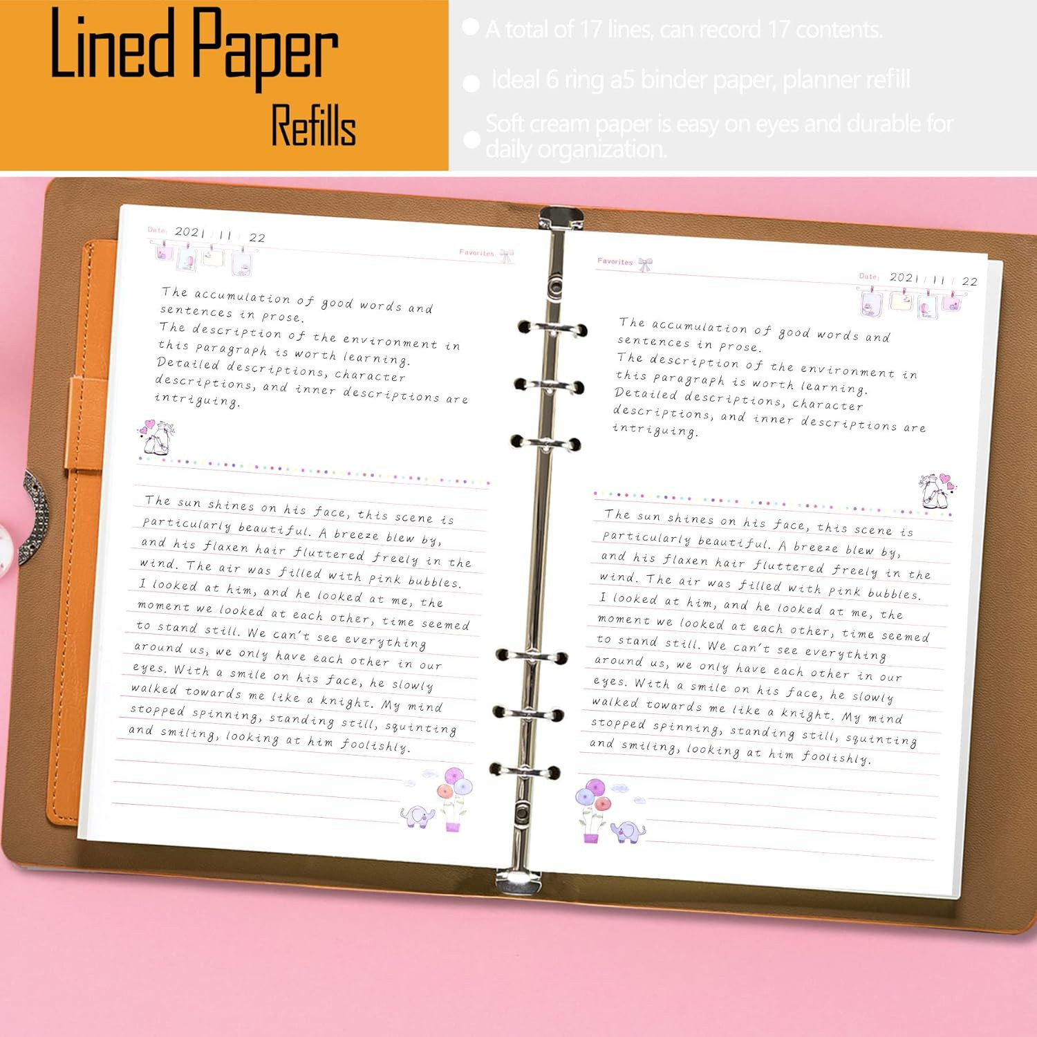 A5 Refill Line Paper, Colorful 6-Rings Binder Papers Refill, Notebook Inserts R